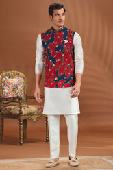 Pearl White Silk Kurta Pajama with Printed Jacket